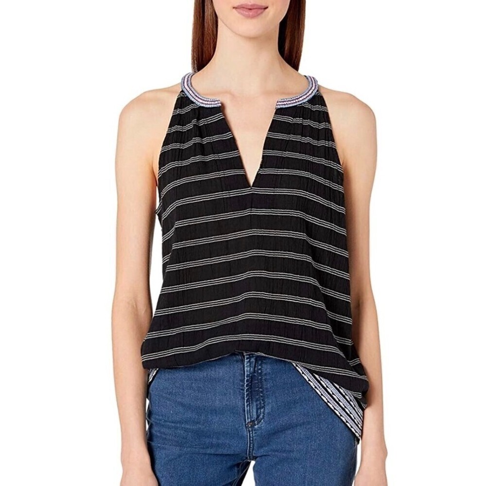 NWT Soft Joie Heather Sleeveless Embroidered Tunic Blouse Black Boho Print XXS